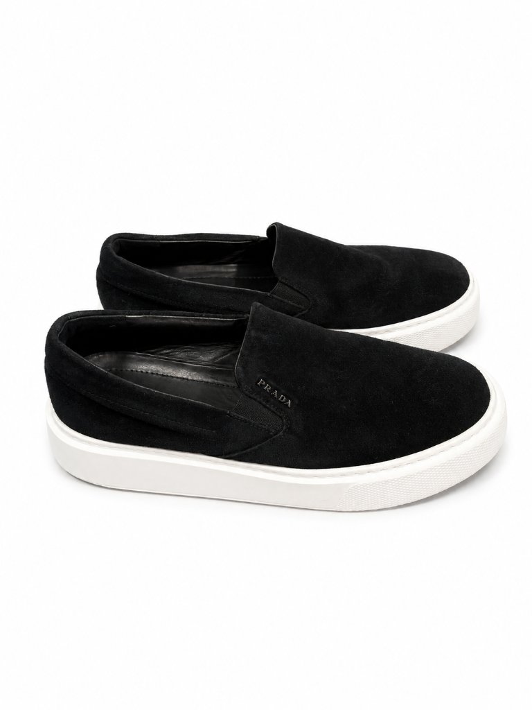 Prada Black Suede Platform Slip-On Sneakers Eu 40 White Sole Designer Shoes